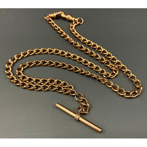 464 - A 9ct rose gold double albert chain necklace, T bar, 46cm long, 23.3g