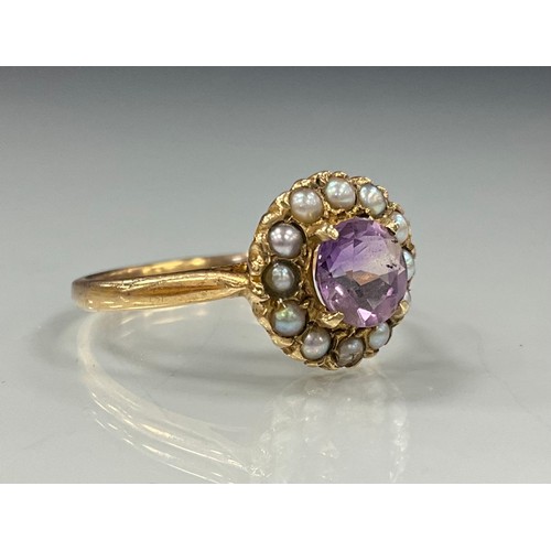 475 - An pale pinky purple amethyst and seed pearl ring, 9ct gold shank, stamped 9ct, size Q/R, 2.5g gross