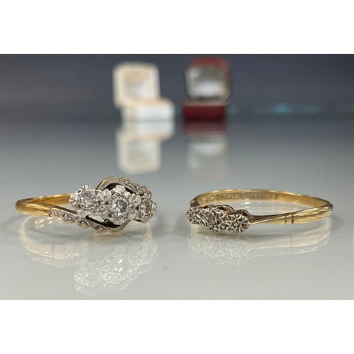 476 - An 18ct gold diamond twist crest ring, set with three round brilliant cut diamonds, 3g gross;  anoth... 