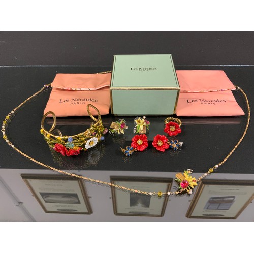 479 - Les Nereides Paris - enamelled suite Insects and Flowers, inc cuff bangle, pair of earrings and dres... 