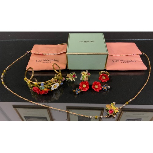 479 - Les Nereides Paris - enamelled suite Insects and Flowers, inc cuff bangle, pair of earrings and dres... 