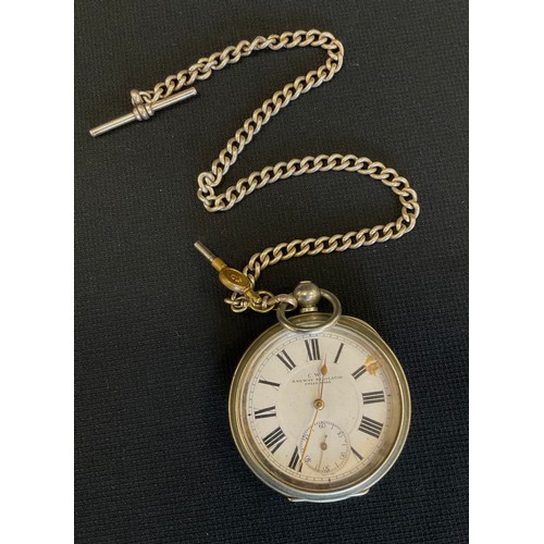 491 - A CWS Railway Timekeeper pocket watch, silver plated case, suspended from a sterling silver Albert c... 