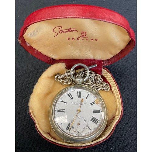 491 - A CWS Railway Timekeeper pocket watch, silver plated case, suspended from a sterling silver Albert c... 