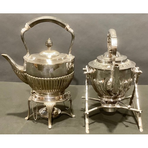 47 - A Walker & Hall silver plated spirit kettle, wrythen fluted and chased with foliage, naturalisticall... 