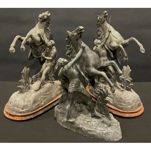 48 - A pair of French spelter Château de Marly horses, the tallest 44cm; another, late 19th century (3)