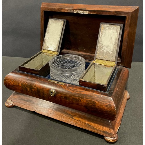 52 - A 19th century rosewood sarcophagus tea caddy, hinged cover enclosing a pair of removable hinge-cove... 