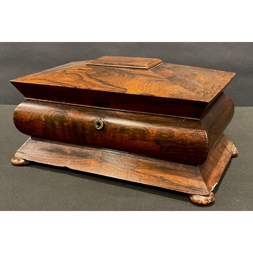 52 - A 19th century rosewood sarcophagus tea caddy, hinged cover enclosing a pair of removable hinge-cove... 