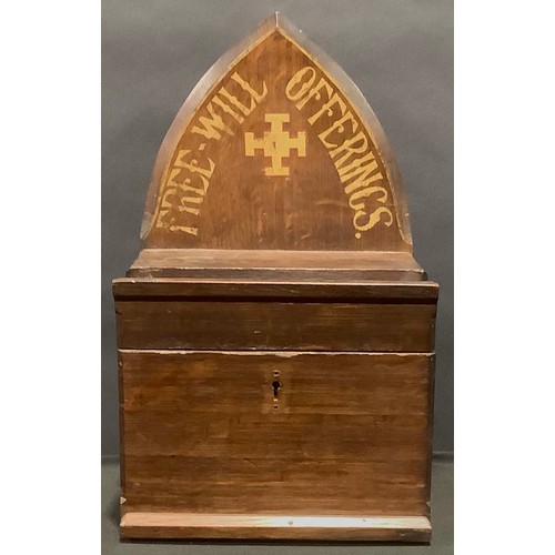 71 - A Victorian oak ecclesiastical wall-mounted church collection box, lancet arch top, inscribed 'Free ... 