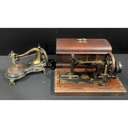 78 - A late 19th century Jones & Company swan neck hand cranked sewing machine; another Victorian sewing ... 