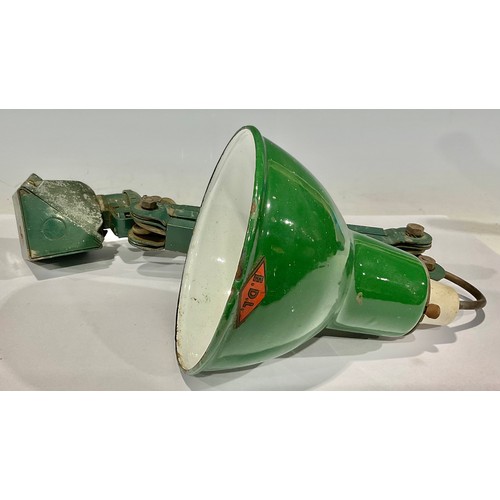 125 - A mid 20th century EDL three-arm engineer's or machinist's lamp, the shade in green and white enamel... 