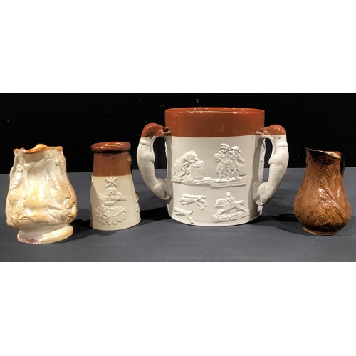 126 - A large Bourne Denby stoneware tyg, three greyhound handles, sprigged with George and The Dragon, hu... 