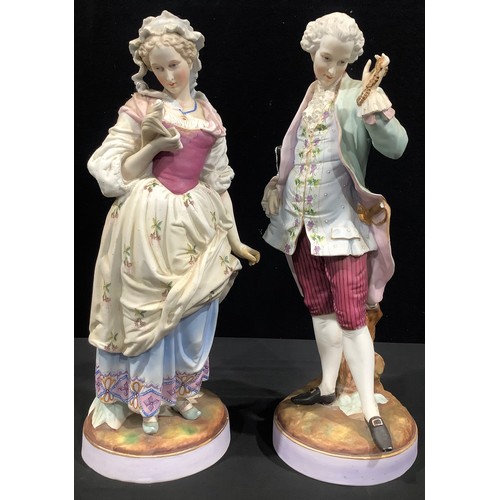 157 - A pair of 19th century French bisque figures, of a gallant and companion, both in 18th century dress... 