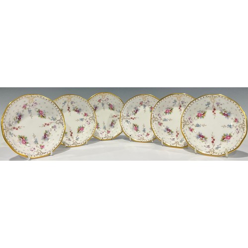 8 - A set of six Royal Crown Derby Royal Antoinette pattern circular dishes, 13cm diameter, printed mark... 