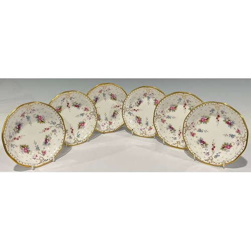 8 - A set of six Royal Crown Derby Royal Antoinette pattern circular dishes, 13cm diameter, printed mark... 