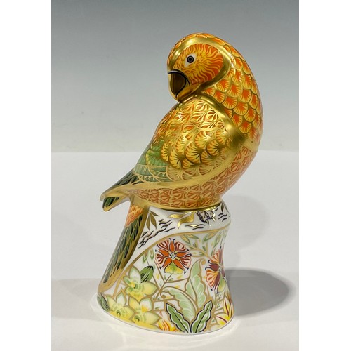 17 - A Royal Crown Derby paperweight, Sun Parakeet, gold stopper, 14cm, printed marks in red