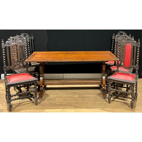 101 - An Arts & Crafts period oak refectory type trestle dining table, in the 17th century taste, 72cm hig... 