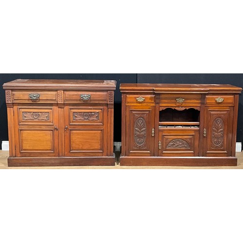 118 - A late Victorian walnut side cabinet, 89.5cm high, 134.5cm wide, 46.5cm deep, another, similar, 92.5... 