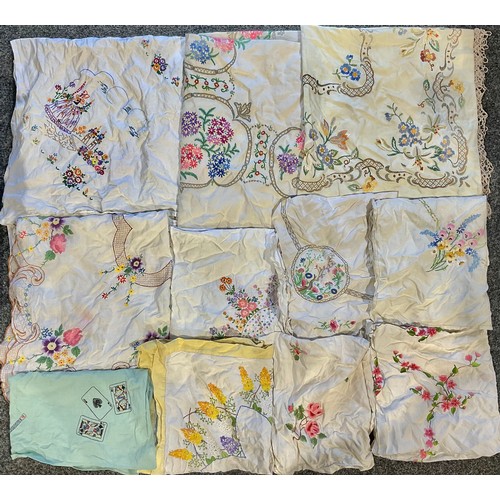 494 - Textiles - Vintage hand embroidered linen tablecloths, including Crinoline Lady, English Country Flo... 