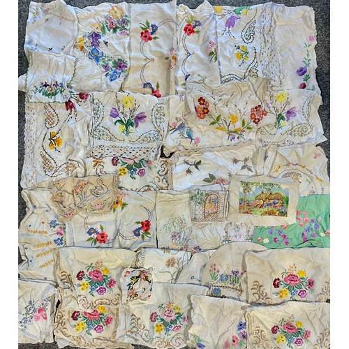 495 - Textiles - hand embroidered cushion covers, tray cloths, antimacassars, including English Country Fl... 