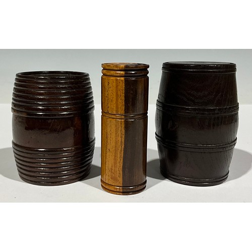 507 - A pair of treen snuff barrels; a treen needle case