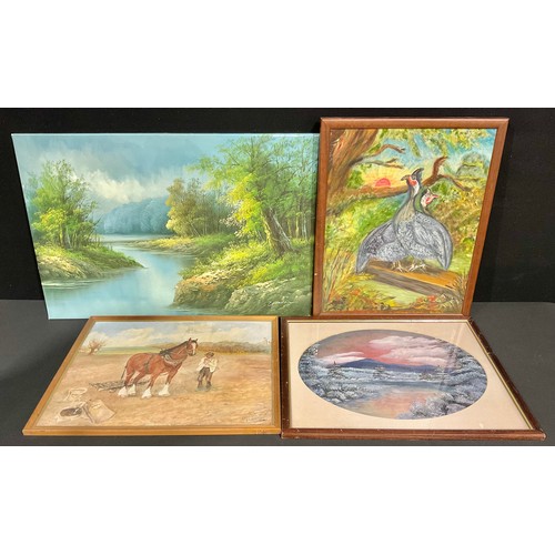 519 - Pictures - Canadian Winter Scene, oil; River Scene, Goodman; Farmer and Horse, FK Strange; Wild Turk... 