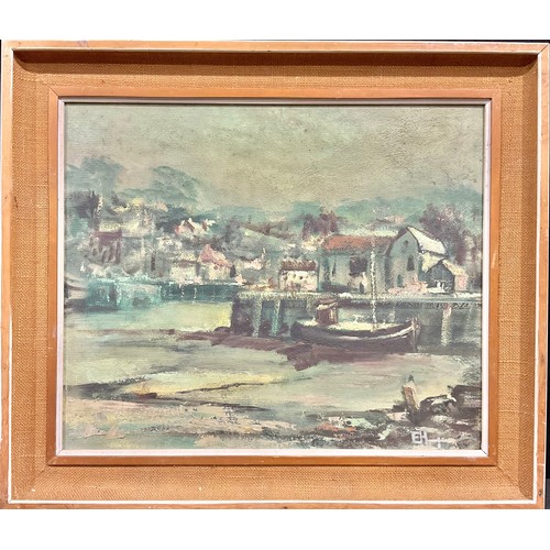 522 - English School   
Cornish Harbour Scene   
monogrammed EHL, oil