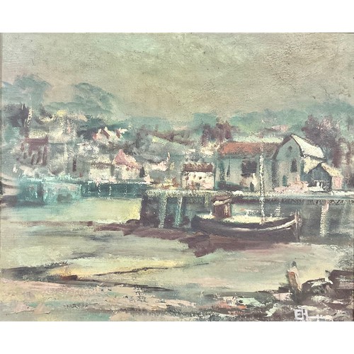 522 - English School   
Cornish Harbour Scene   
monogrammed EHL, oil