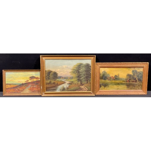 527 - B Matthews  
Moorland Scene with Sportsman and Dog  
signed, oil; others, river scene with fisherman... 