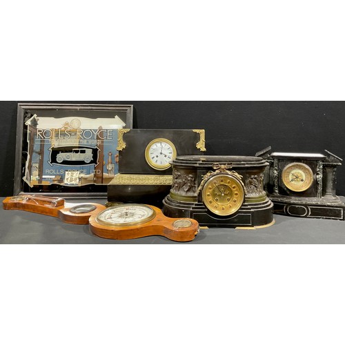 547 - A 19th century French black marble mantel clock; others; a barometer; a Rolls Royce advertising mirr... 