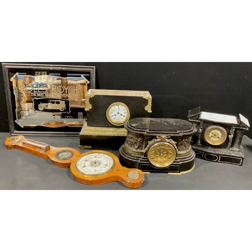 547 - A 19th century French black marble mantel clock; others; a barometer; a Rolls Royce advertising mirr... 