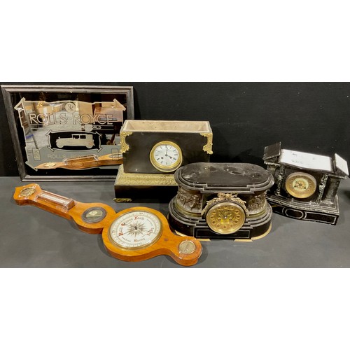 547 - A 19th century French black marble mantel clock; others; a barometer; a Rolls Royce advertising mirr... 