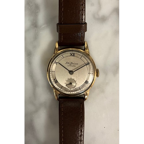 1005 - A 1950s J W Benson 9ct gold cased wristwatch, 30mm diameter case, polished and brushed silver dial, ... 