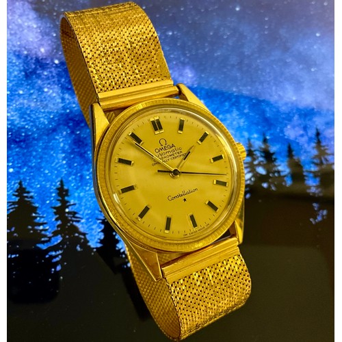 1006 - Omega - an 18ct gold Constellation chronometer wristwatch, gold coloured dial, baton hour markers, c... 