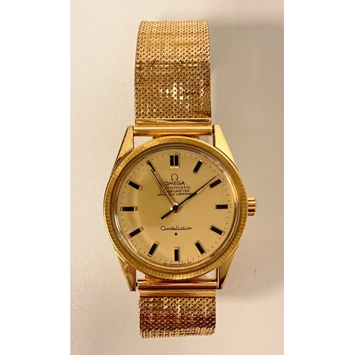 1006 - Omega - an 18ct gold Constellation chronometer wristwatch, gold coloured dial, baton hour markers, c... 