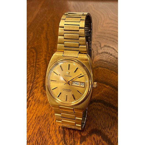 1008 - Omega - a 1970s Seamaster Automatic wristwatch, ref 166.0216.1, gilt dial, baton hour markers, day a... 