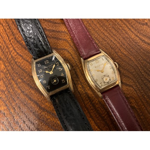 1026 - Bulova - a vintage gentleman's 10k rolled gold wristwatch, c. 1945, the shaped cushion case enclosin... 