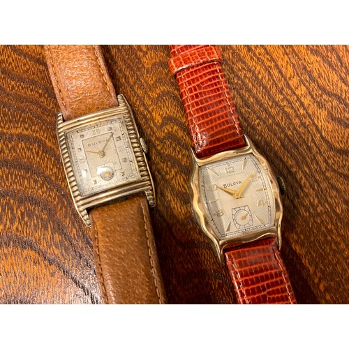 1027 - Bulova - a vintage gentleman's 10k rolled gold wristwatch, c. 1945, with shaped ridged rectangular c... 