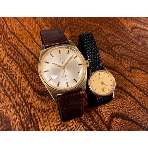 1040 - Omega - a 1960's Geneve mechanical wristwatch, gold plated 34mm case, silvered sunburst dial, raised... 