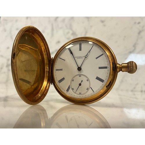 1043 - Tiffany & Co - an 18ct gold full hunter cased pocket watch, white enamel dial signed TIFFANY & CO GE... 