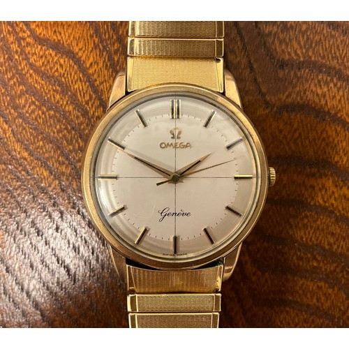 1044 - Omega  - a Geneve 9ct gold cased wristwatch, 34mm diameter case, silver target dial, block baton mar... 