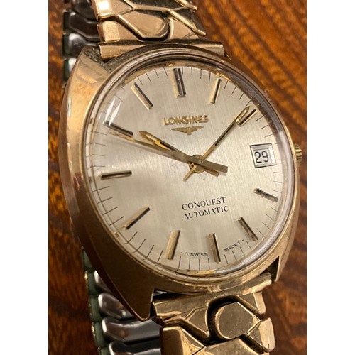 1057 - Longines  - a Conquest Automatic presentation wristwatch, gold coloured tonneau case, brushed silver... 