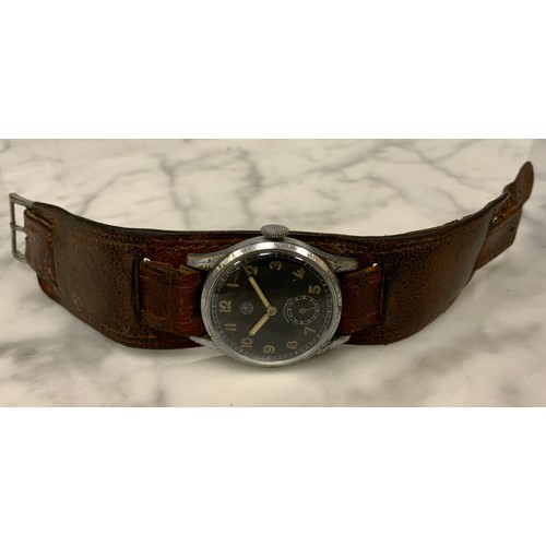 1066 - A World War II period HFB wristwatch, 28mm case with black dial, Arabic numerals, subsidiary seconds... 