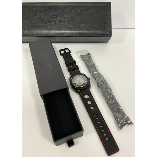 1084 - Dwiss - an R2 BB floating hours bracelet wristwatch, black 40mm case, black part skeleton dial, red ... 