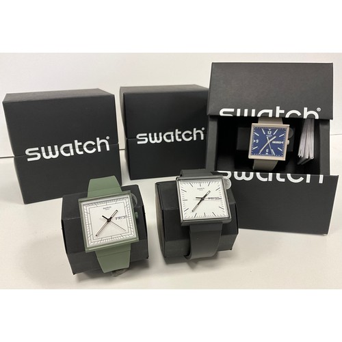 1087 - Swatch - three Bioceramic collection What If wristwatches, Black, Beige and green colours, square di... 