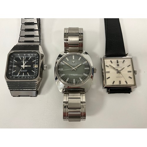 1094 - Tissot - three different Seastar wristwatches, silvered square dial, raised block baton markers, man... 