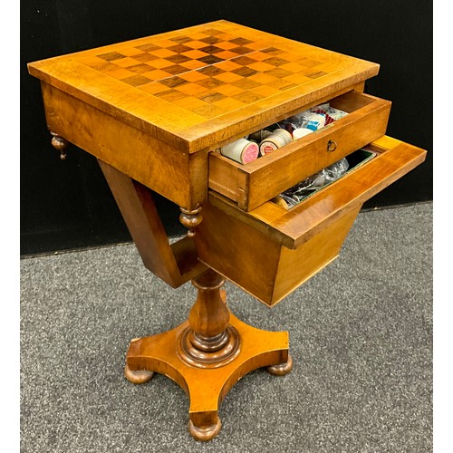 58 - A Victorian Walnut sewing work-box, pedestal base, with inlaid chess-board top, 72.5cm high x 44cm w... 