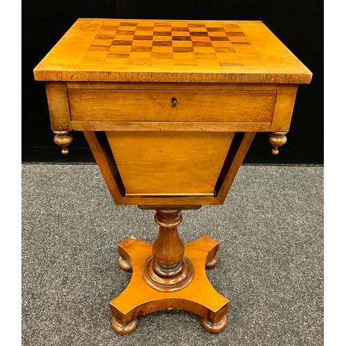 58 - A Victorian Walnut sewing work-box, pedestal base, with inlaid chess-board top, 72.5cm high x 44cm w... 