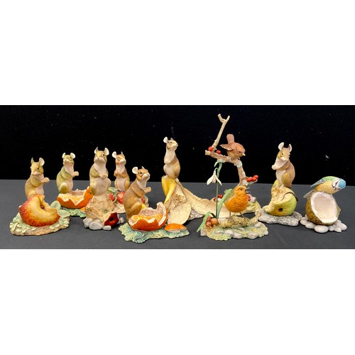 68 - Border Fine Arts models Mice on Strawberries, Oranges, Pear, Banana and Apples;  Bluetits etc, anoth... 