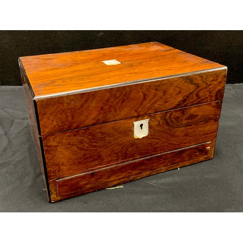 84 - A Victorian Coromandel rosewood traveling vanity box, hinged lid, velvet lined, fitted interior, sil... 