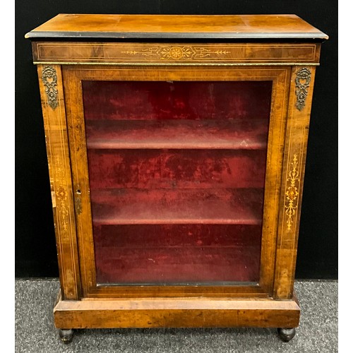 90 - A Victorian inlaid walnut Pier display cabinet, full panel glazed door, enclosing two tiers of shelv... 